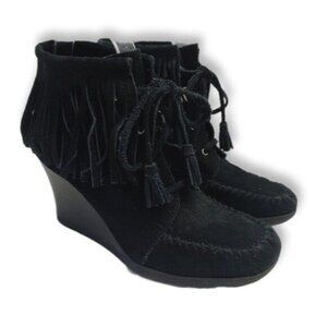 MINNETONKA Fringe Suede Lace-Up Wedge Heel Booties Black Size 6.5